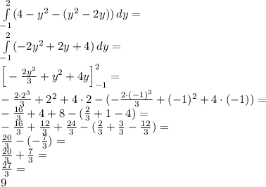  \\\int \limits_{-1}^2(4-y^2-(y^2-2y))\, dy=\\ \int \limits_{-1}^2(-2y^2+2y+4)\, dy=\\ \Big[-\frac{2y^3}{3}+y^2+4y\Big]_{-1}^2=\\ -\frac{2\cdot2^3}{3}+2^2+4\cdot2-(-\frac{2\cdot(-1)^3}{3}+(-1)^2+4\cdot(-1))=\\ -\frac{16}{3}+4+8-(\frac{2}{3}+1-4)=\\ -\frac{16}{3}+\frac{12}{3}+\frac{24}{3}-(\frac{2}{3}+\frac{3}{3}-\frac{12}{3})=\\ \frac{20}{3}-(-\frac{7}{3})=\\ \frac{20}{3}+\frac{7}{3}=\\ \frac{27}{3}=\\ 9 