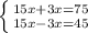 \ \left \{ {{15x+3x=75} \atop {15x-3x=45}} \right.\\