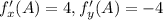 f'_x(A)=4, f'_y(A)=-4