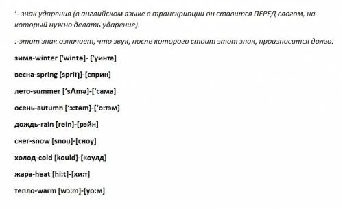 Написание и транскрипцыя слов зима, весна,лето,осень,дождь,снег,холод,жара,тепло (по