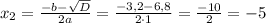 x_{2}=\frac{-b-\sqrt{D}}{2a}=\frac{-3,2-6,8}{2\cdot1}=\frac{-10}{2}=-5