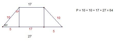 Основы равнобедренной трапеции равны 17см и 27см, а угол равен 60 градусам. чему равен периметр?