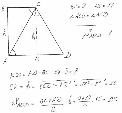 Основи прямокутної трапеції 9 см і 17 см, а діагональ є бісектрисою її тупого кута. знайти площу ціє