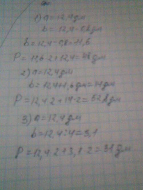 Одна из сторон параллелограмма равна 12,4 дм,а другая его сторона 1)меньше на 0,8 дм первой стороны 