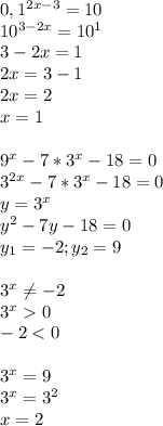 0,1^{2x-3}=10\\10^{3-2x}=10^1\\3-2x=1\\2x=3-1\\2x=2\\x=1\\\\9^x-7*3^x-18=0\\3^{2x}-7*3^x-18=0\\y=3^x\\y^2-7y-18=0\\y_1=-2;y_2=9\\\\3^x \neq -2\\3^x0\\-2<0\\\\3^x=9\\3^x=3^2\\x=2