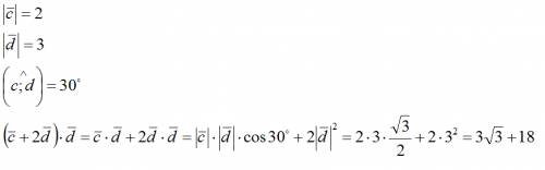 Найдите скалярное произведение (c+2d)*d, если |c|=2; |d|=3; (c; d)=cos 30.