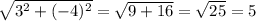  \sqrt{3^2 + (-4)^2} = \sqrt{9+16}= \sqrt{25}=5 