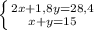 \left \{ {{2x + 1,8y = 28,4} \atop {x + y = 15}} \right.