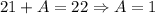 21 + A = 22 \Rightarrow A = 1