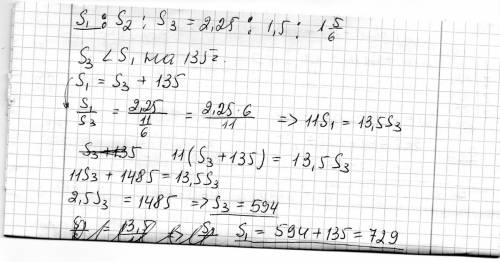 Площади лесных участков 1,2 и 3 относятся соответственно как 2,25 : 1,5: 1 5/6( одна целая пять шест