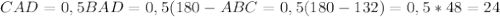 CAD=0,5BAD=0,5(180-ABC=0,5(180-132)=0,5*48=24