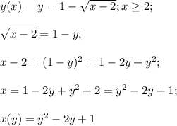 y(x)=y=1-\sqrt{x-2}; x \geq 2;\\\\\sqrt{x-2}=1-y;\\\\x-2=(1-y)^2=1-2y+y^2;\\\\x=1-2y+y^2+2=y^2-2y+1;\\\\x(y)=y^2-2y+1