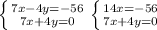 \left \{ {{7x-4y=-56} \atop {7x+4y=0}} \right.\left \{ {{14x=-56}\atop {7x+4y=0}} \right 