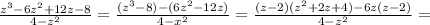 \frac{z^3-6z^2+12z-8}{4-z^2}=\frac{(z^3-8)-(6z^2-12z)}{4-x^2}=\frac{(z-2)(z^2+2z+4)-6z(z-2)}{4-z^2}=