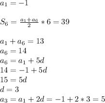 a_1=-1 \\ \\ S_6=\frac{a_1+a_6}{2}*6=39 \\ \\ a_1+a_6=13 \\ a_6=14 \\ a_6=a_1+5d \\ 14=-1+5d \\ 15=5d \\ d=3 \\ a_3=a_1+2d=-1+2*3=5