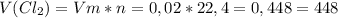 V(Cl_2)=Vm*n=0,02*22,4=0,448=448