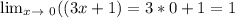 \lim_{x \to \ 0}((3x+1)=3*0+1=1