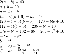 2(a+b)=40&#10;\\\&#10;a+b=20&#10;\\\&#10;a=20-b&#10;\\\&#10;(a-3)(b+6)=ab+10&#10;\\\&#10;(20-b-3)(b+6)=(20-b)b+10&#10;\\\&#10;(17-b)(b+6)=20b-b^2+10&#10;\\\&#10;17b-b^2+102-6b=20b-b^2+10&#10;\\\&#10;-9b=-92&#10;\\\&#10;b= \frac{92}{9} &#10;\\\&#10;a=20- \frac{92}{9} = \frac{88}{9} &#10;\\\&#10;S=ab= \frac{88\cdot92}{9\cdot9}= \frac{8096}{81}