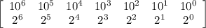 \left[\begin{array}{ccccccc}10^6&10^5&10^4&10^3&10^2&10^1&10^0\\2^6&2^5&2^4&2^3&2^2&2^1&2^0\end{array}\right]