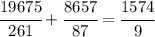 \cfrac{19675}{261}+\cfrac{8657}{87}=\cfrac{1574}{9}