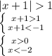 |x+1|1 &#10;\\\&#10; \left \{ {{x+11 } \atop {x+1<-1 }} \right. &#10;\\\&#10; \left \{ {{x0 } \atop {x<-2 }} \right. 