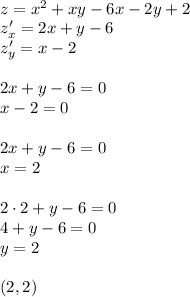 \\z=x^2+xy-6x-2y+2 \\ z'_x=2x+y-6\\ z'_y=x-2\\\\ 2x+y-6=0\\ x-2=0\\\\ 2x+y-6=0\\ x=2\\\\ 2\cdot2+y-6=0\\ 4+y-6=0\\ y=2\\\\ (2,2)\\\\ 