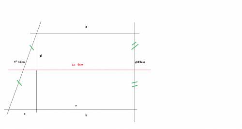 Впрямоугольной трапеции боковая сторона равна 15 см и 17 см ,средняя линия - 6 см.найдите основание 