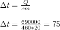 \зt = \frac{Q}{cm}&#10;\\\\\з t = \frac{690000}{460*20}=75