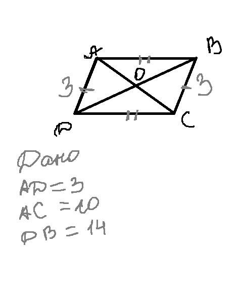 Сторона ad параллелограмма abcd = 3см.а его диагонали равны 14 см и 10 см.точка о - пересечение диаг