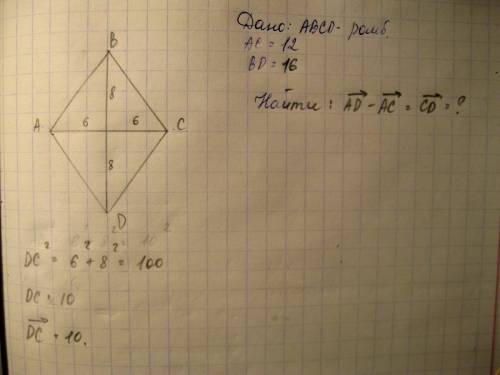 Диагонали ромба abcd раdны 12 и 16. найдите длину вектора ad-ac нужно