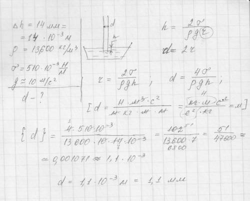 Люди решите ! стеклянная капилярная трубка опущенна в широкую посудину с ртутью.вычислете диаметр ка