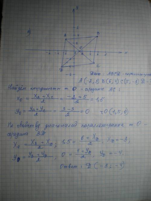 Найти координаты четвертой вершины параллелограмма abcd,если а)a(-2; 3),b(6; 4)c(5; -3) б)a(1; 1)b(-