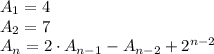 A_1=4\\ A_2=7\\ A_n = 2 \cdot A_{n-1}-A_{n-2} + 2^{n-2}