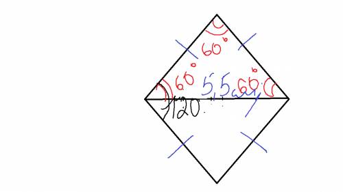 Найти периметр ромба, если один из углов равен 120 градусов,а длина меньшей диагонали 5,5 см.