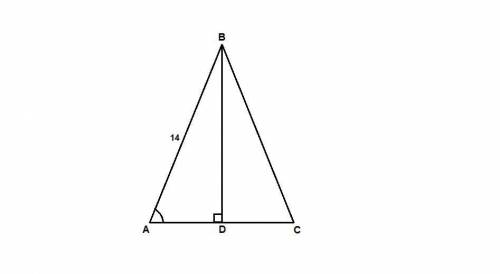 Вравнобедренном треугольнике abc с основанием ac боковая сторона ab равна 14 а cos угла a корень из 