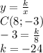 y= \frac{k}{x} \\ C(8;-3) \\ -3= \frac{k}{8} \\ k=-24