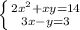 \left \{ {{2x^2+xy=14} \atop {3x-y=3}} \right.