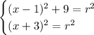 \begin{cases} (x-1)^2+9=r^2\\ (x+3)^2=r^2 \end{cases}