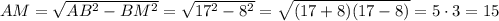 AM= \sqrt{AB^2-BM^2}= \sqrt{17^2-8^2}= \sqrt{(17+8)(17-8)} = 5\cdot3=15