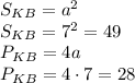 S_{KB}=a^2\\S_{KB}=7^2=49\\P_{KB}=4a\\P_{KB}=4\cdot7=28