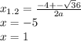 x_{1.2} = \frac{-4+- \sqrt36}{2a} \\ x=-5 \\ x=1