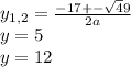 y_{1,2} = \frac{-17+- \sqrt49}{2a} \\ y=5 \\ y=12