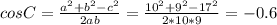 cos C=\frac{a^2+b^2-c^2}{2ab}=\frac{10^2+9^2-17^2}{2*10*9}=-0.6