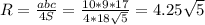 R=\frac{abc}{4S}=\frac{10*9*17}{4*18\sqrt{5}}=4.25\sqrt{5}