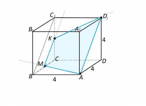 Abcda1b1c1d1 -куб, ребро которого 4 см. постройте сечение куба плоскостью, проходящей через точки a,