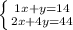 \left \{ {1x+y=14} \atop {2x+4y=44}} \right.