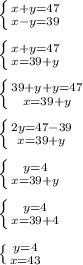 \left \{ {{x+y=47} \atop {x-y=39}} \right. \\ \\ \left \{ {{x+y=47} \atop {x=39+y}} \right. \\ \\ \left \{ {{39+y+y=47} \atop {x=39+y}} \right. \\ \\ \left \{ {{2y=47-39} \atop {x=39+y}} \right. \\ \\ \left \{ {{y=4} \atop {x=39+y} \right. \\ \\ \left \{ {{y=4} \atop {x=39+4}} \right. \\ \\ \left \{ {{y=4} \atop {x=43}} \right.