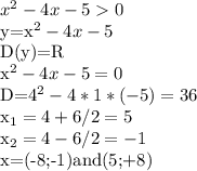 x^{2} -4x-50&#10; &#10;y=x^{2} -4x-5&#10;&#10;D(y)=R&#10;&#10;x^{2} -4x-5=0&#10;&#10;D=4^{2} - 4*1*(-5)=36&#10;&#10; x_{1} =4+6/2=5&#10;&#10; x_{2} =4-6/2=-1&#10;&#10;x=(-8;-1)and(5;+8)&#10;&#10; &#10;&#10;&#10;