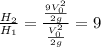 \frac{H_2}{H_1}=\frac{\frac{9V_0^2}{2g}}{\frac{V_0^2}{2g}}=9