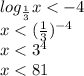 log_{\frac{1}{3}}{x}<-4 \\ x<(\frac{1}{3})^{-4} \\ x<3^4 \\ x<81